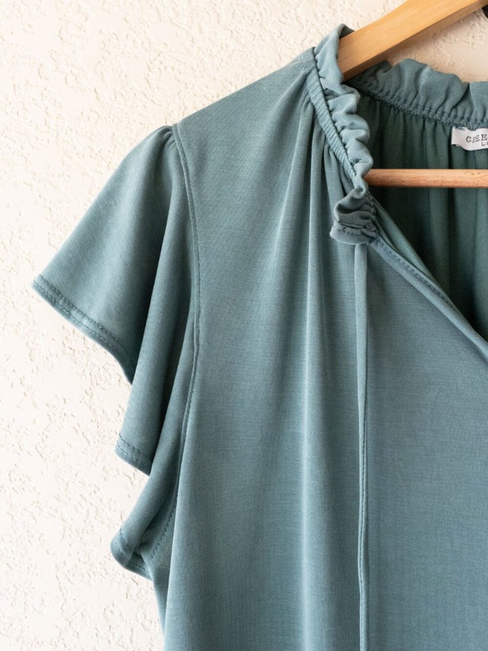 Green Envelope Womens L Teal Flutter Sleeve Top Ruffle Neck Tie Boho Blouse - Picture 5 of 14